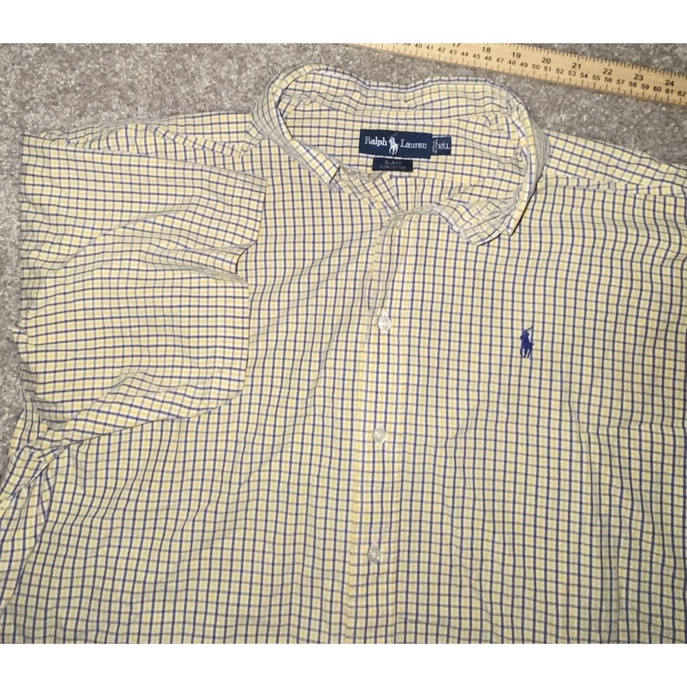 Polo Ralph Lauren Shirt Mens XXL Yellow Striped Plaid Long Sleeve Blue Pony Read